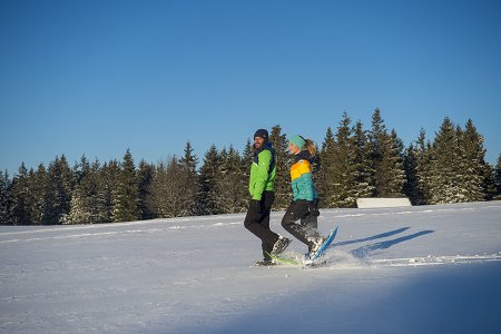 a pair on snowshoes in a snowy landscape