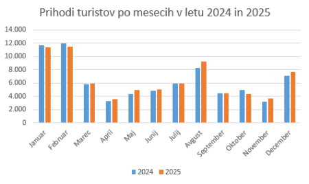 Graf Prihodi turistov v letu 2024 in 2025 mesečno.PNG